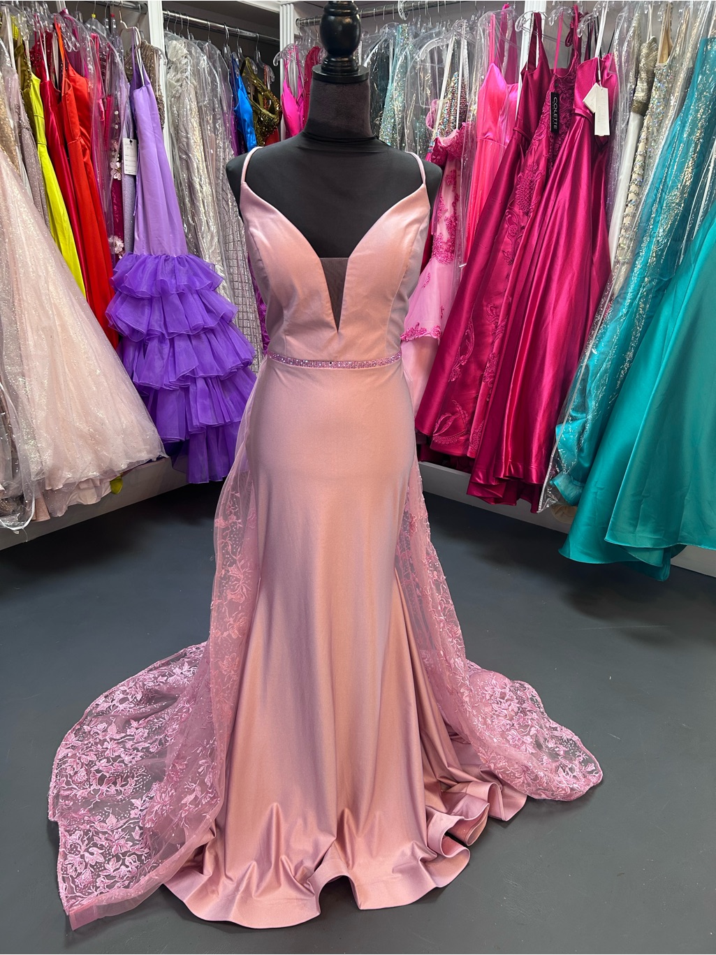 Ellie Wilde Blush Pink Lace-Back Prom Gown